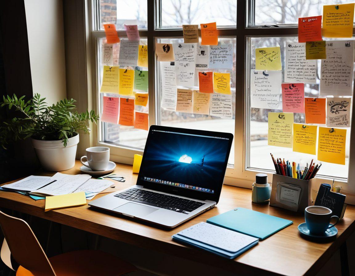 A cozy workspace featuring a person typing on a laptop, surrounded by handwritten notes and colorful sticky notes on a corkboard. An open digital journal on the laptop screen displays beautifully designed pages filled with sketches and inspiring quotes. Natural light streams through a window, casting warm shadows on the desk, evoking a sense of motivation and creativity. Elements of resource sharing, like books and gadgets, are artistically arranged around the workspace. super-realistic. vibrant colors.