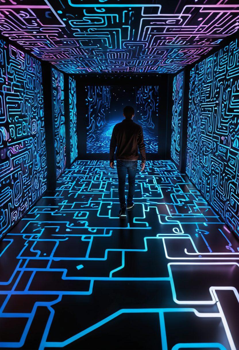 A modern artistic representation of a digital landscape featuring a person navigating a maze made of computer screens displaying various types of content like blogs, videos, and infographics. The scene includes elements like vibrant colors, digital pathways, and light trails symbolizing connectivity and creativity. Include tools like graphics tablets and laptops scattered throughout. super-realistic. vibrant colors. 3D.