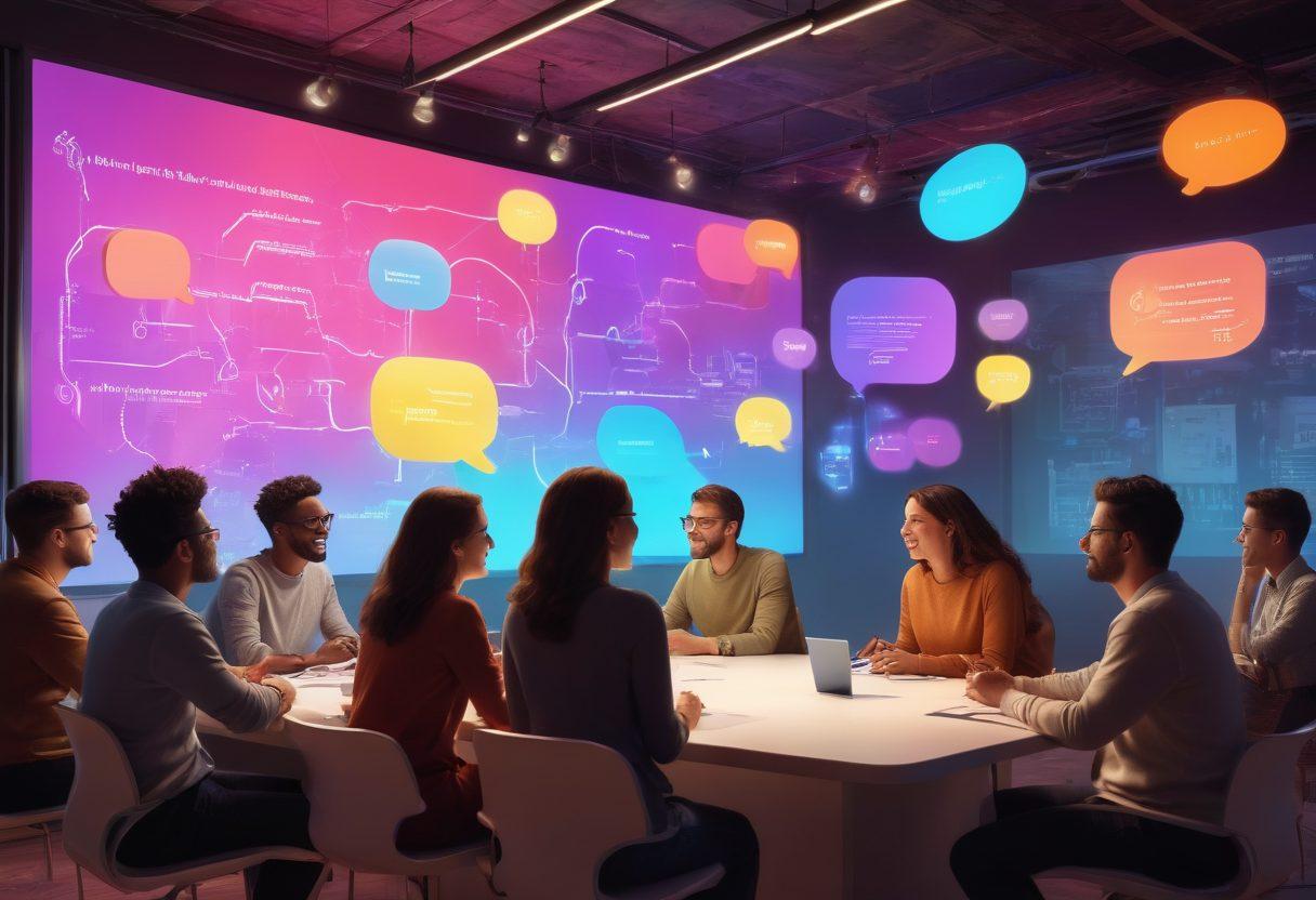 An assembly of diverse people engaged in animated discussions in a vibrant online forum, with speech bubbles showcasing various topics like support, insights, and success stories. In the backdrop, a digital world representing interconnected ideas and growth, symbolized by glowing light bulbs and links. Highlight a warm, inviting ambiance to evoke a sense of community. super-realistic. vibrant colors. digital art.